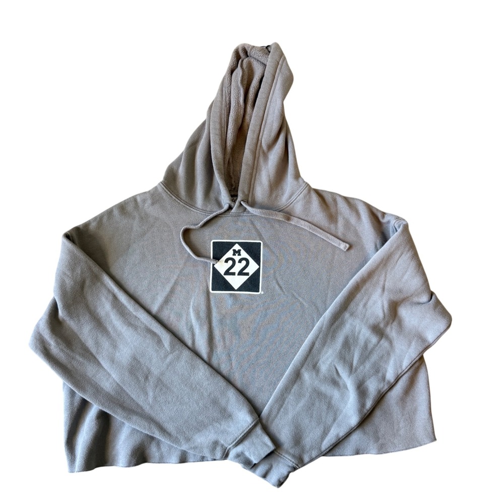 M22 Michigan Cropped Hoodie Grey Logo Graphic Sweatshirt Raw Hem Women's Large